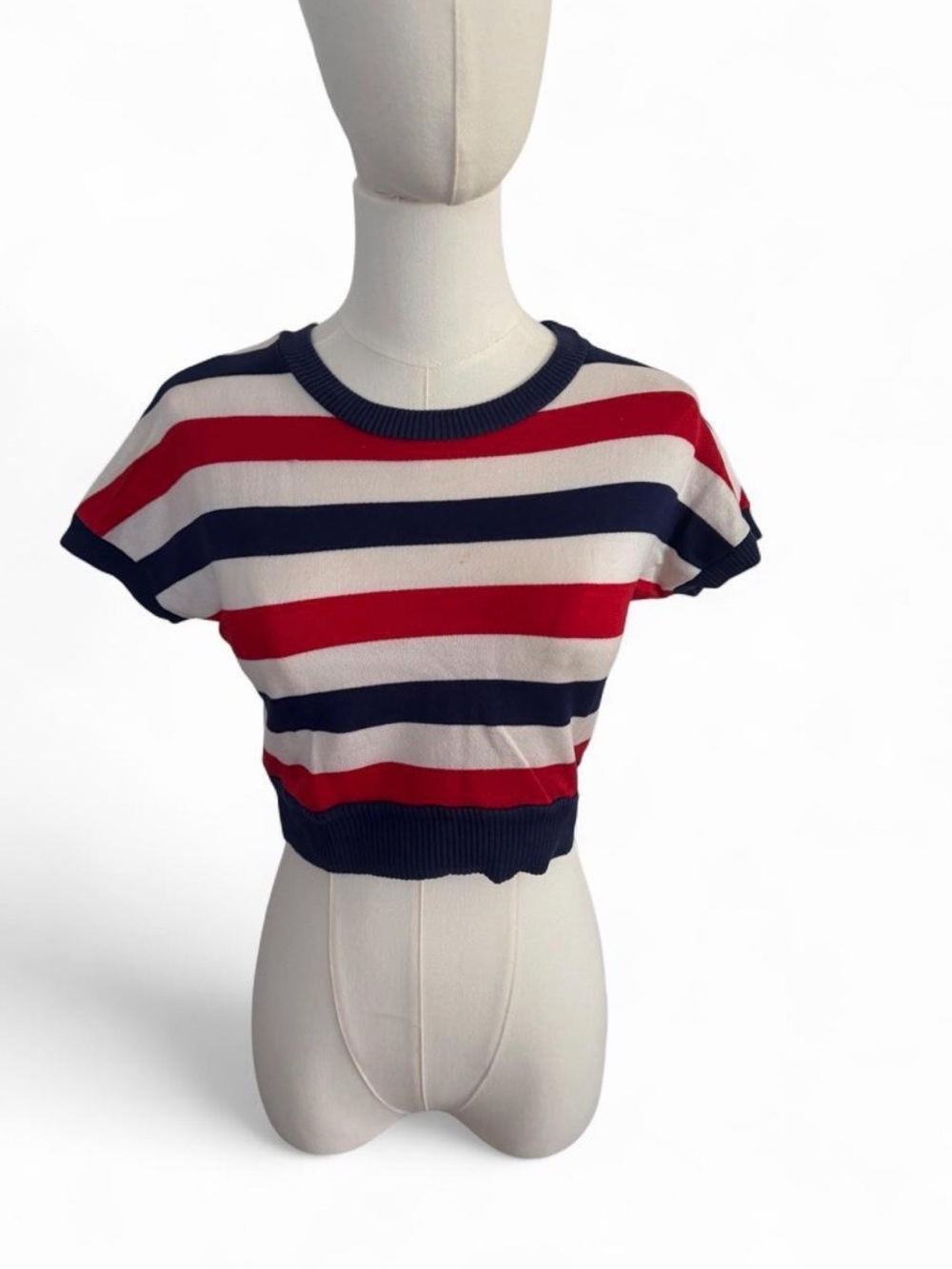 Striped Red, White & Navy Cropped Knit Top